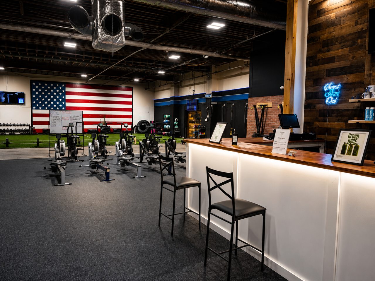 Fitness Academy front desk overlooking the training area
