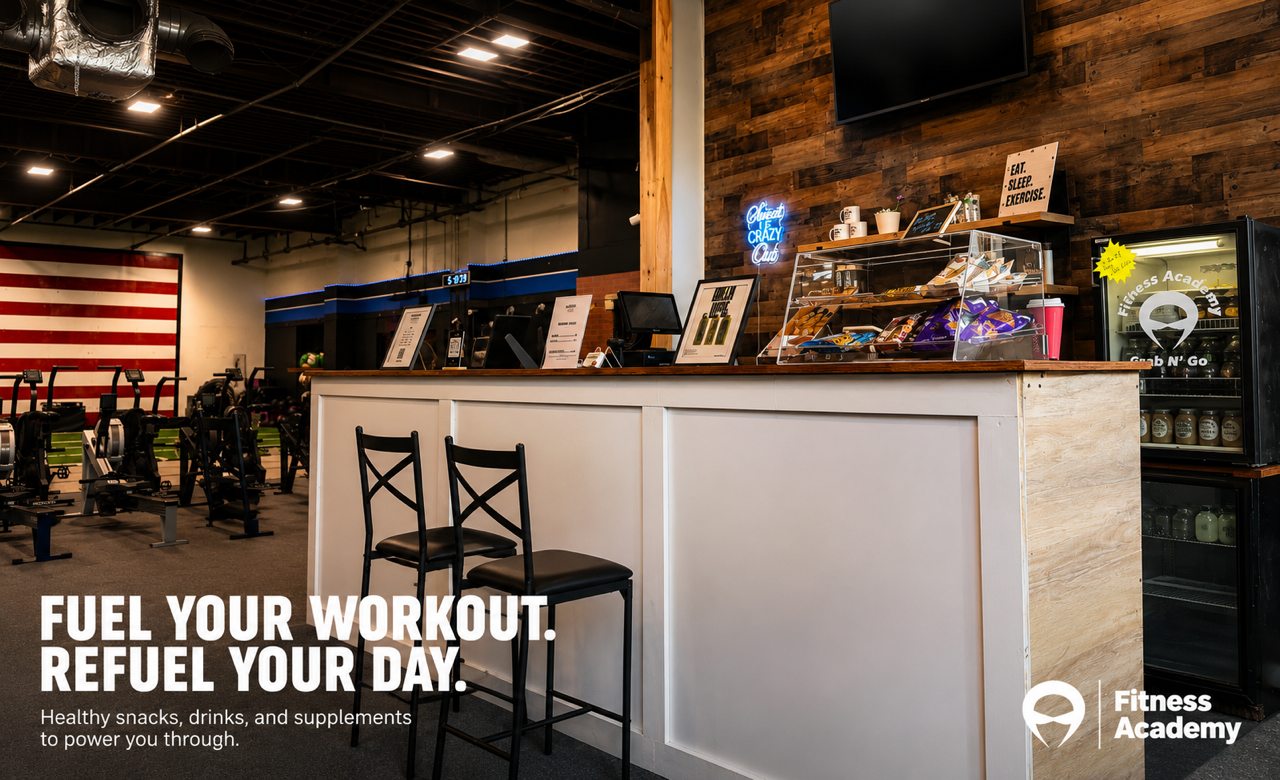 Fitness Academy Wellness Café with snacks, drinks, and supplements